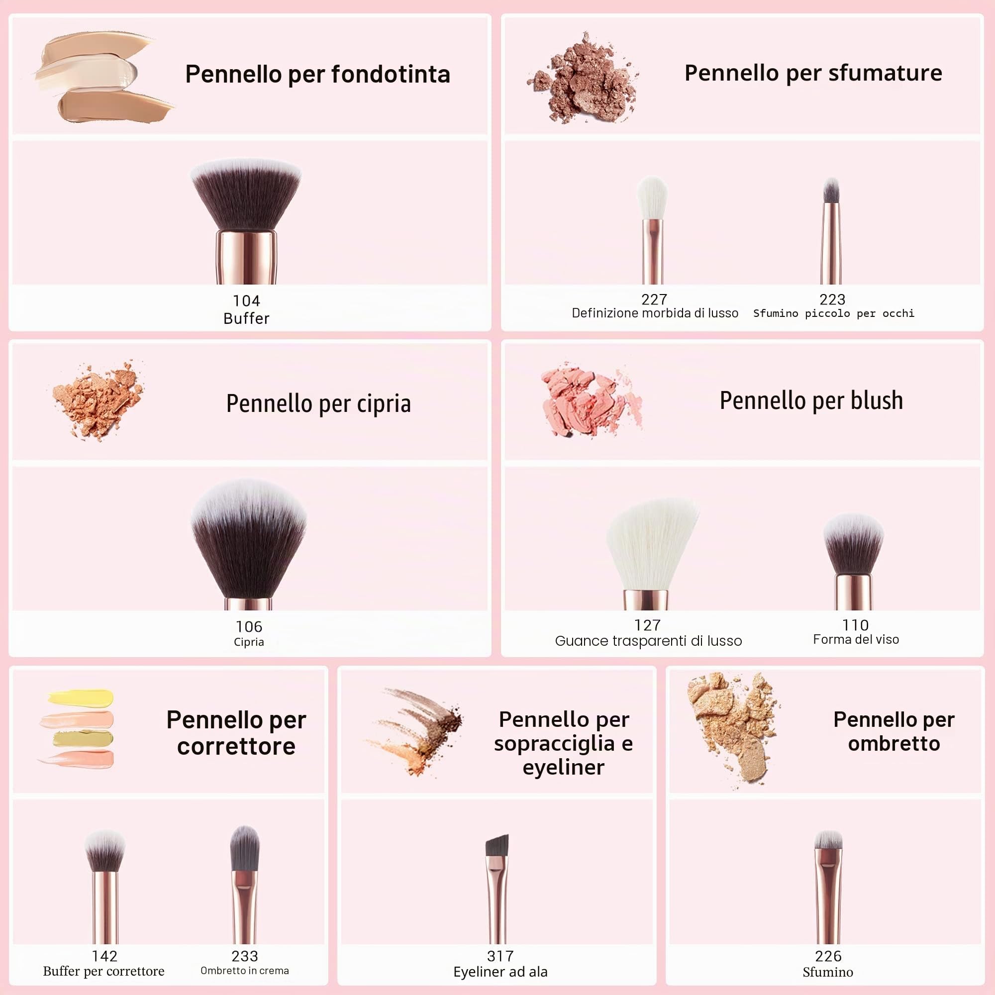 Jessup 10pz Pennelli per il trucco Fondotinta Polvere Bellezza Eyeliner Correttore Setole in fibra fatta a mano Kit per il trucco Nero/Oro rosa T156