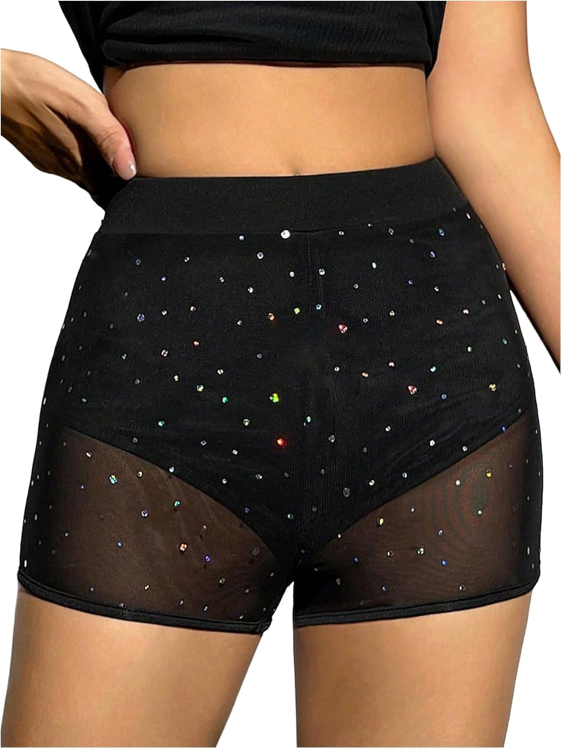 MakeMeChic Women's Rhinestone Micro Shorts Contrast Mesh Elastic Waisted Party Mini Shorts