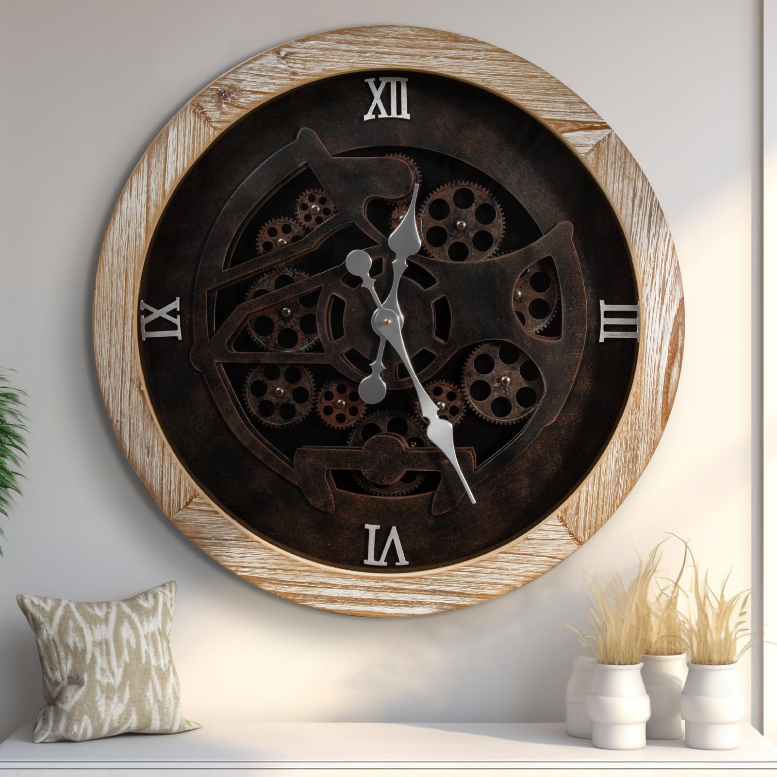 Easozoom 24 inch Large Wall Clock with Moving Gears for Living Room