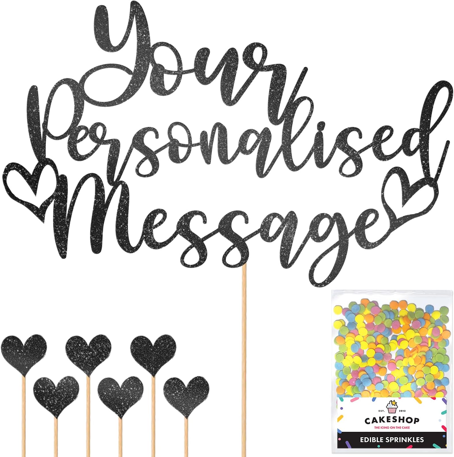 Any Text Personalised Glitter Cake Topper - Black Name, Age, Words Glitter Cake Decoration and Sprinkles - Happy Birthday Decorations - Personalised Toppers for Cakes by Cakeshop
