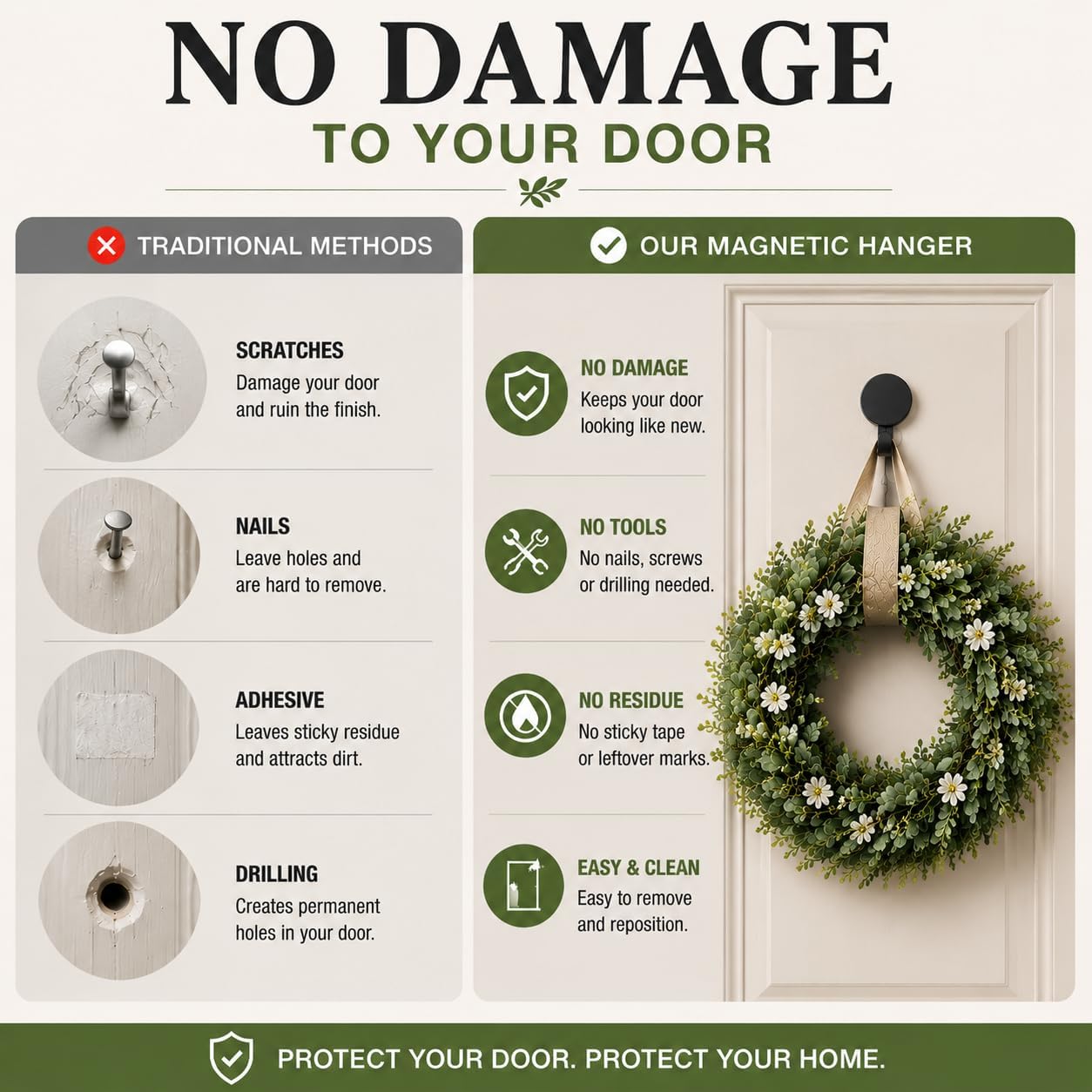 Heavy Duty Magnetic Wreath Hanger for Front Door, Black 2 Pack | Magnet hooks for damage-free decorating, no nails or drilling, holds up to 10 lb on magnetic metal doors for wreaths