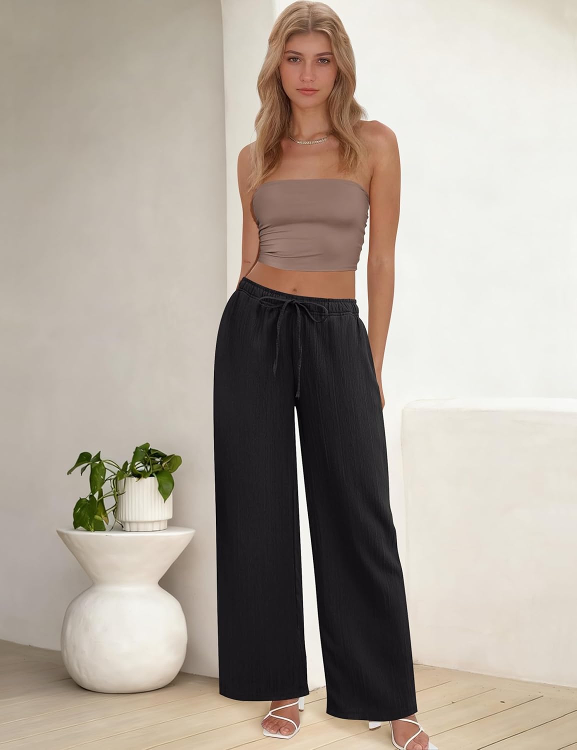 Womens Wide Leg Palazzo Pants Dressy Casual Lounge Pant Summer Travel Drawstring Elastic Waist Trouser with Pockets - Image 7