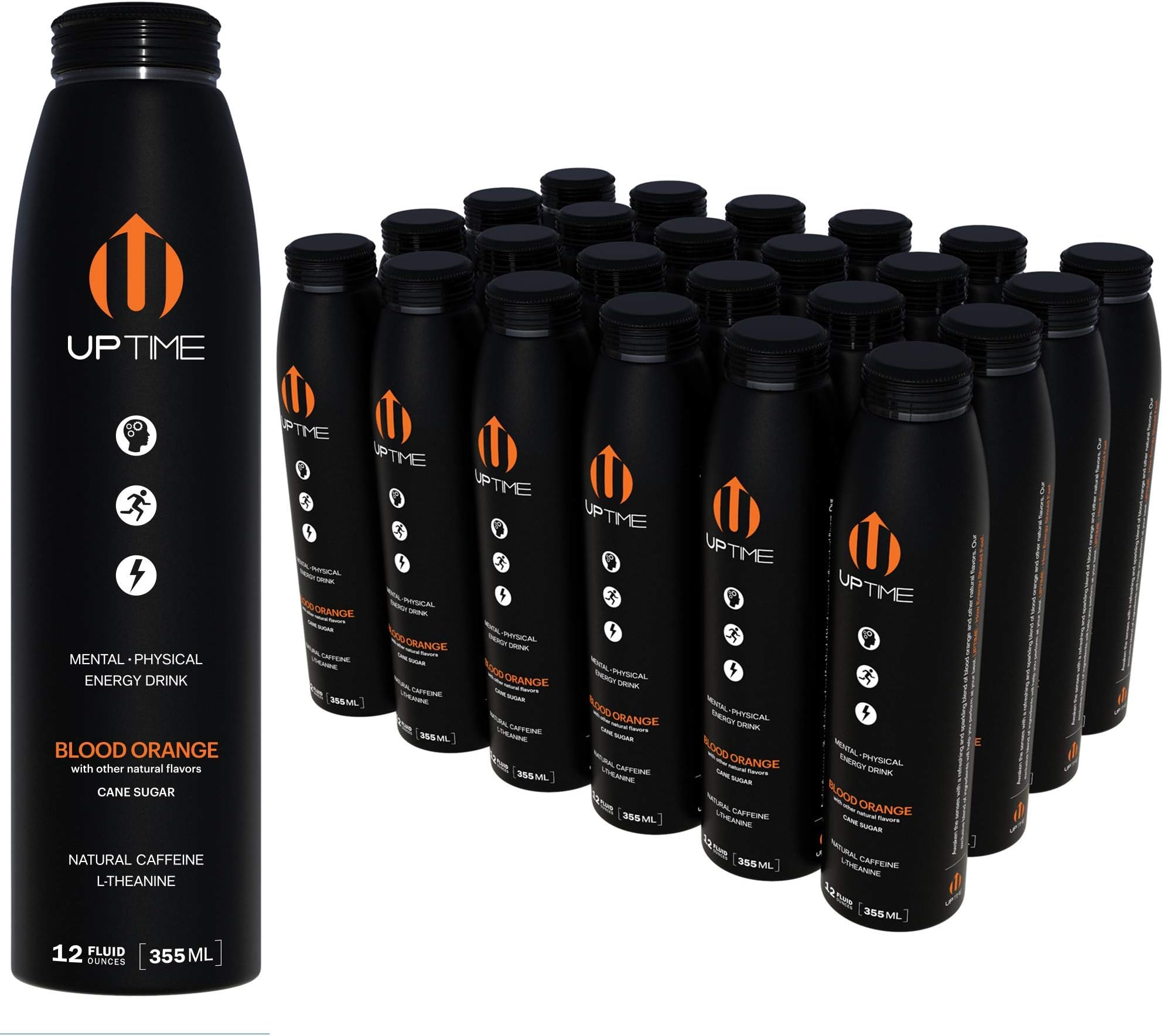 UPTIME – Premium Energy Drink, Blood Orange - Cane Sugar, 12oz Bottles, (Case of 24), Better for You, Natural Caffeine, Sparkling
