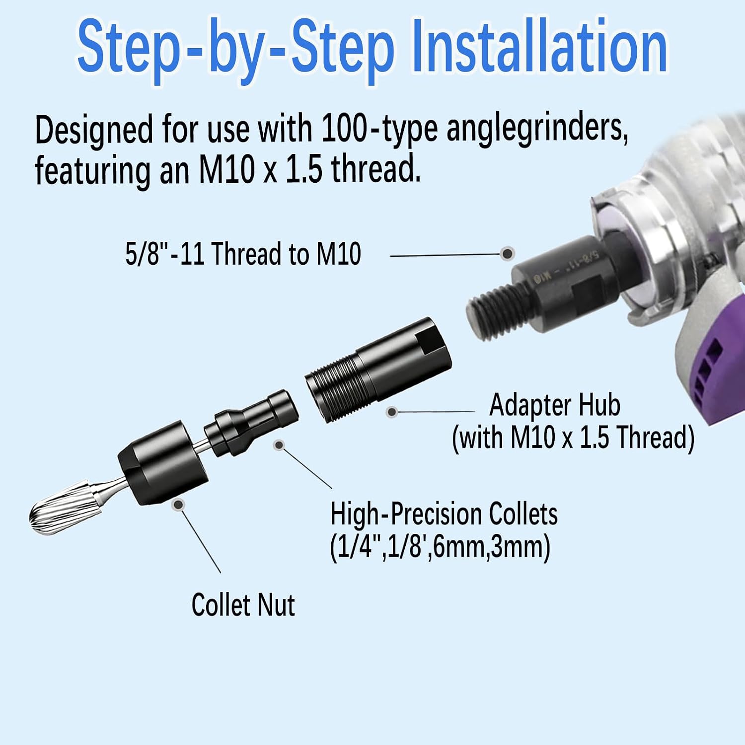 Conversion Angle Grinder Adapter M10-1.5 Thread (2-Pack) | 1/4"(6mm) & 1/8"(3mm) Collet Chucks, Angle to Die Grinder Metal Kit, Rotary sanding discs, Wood Carving, Metal Polishing