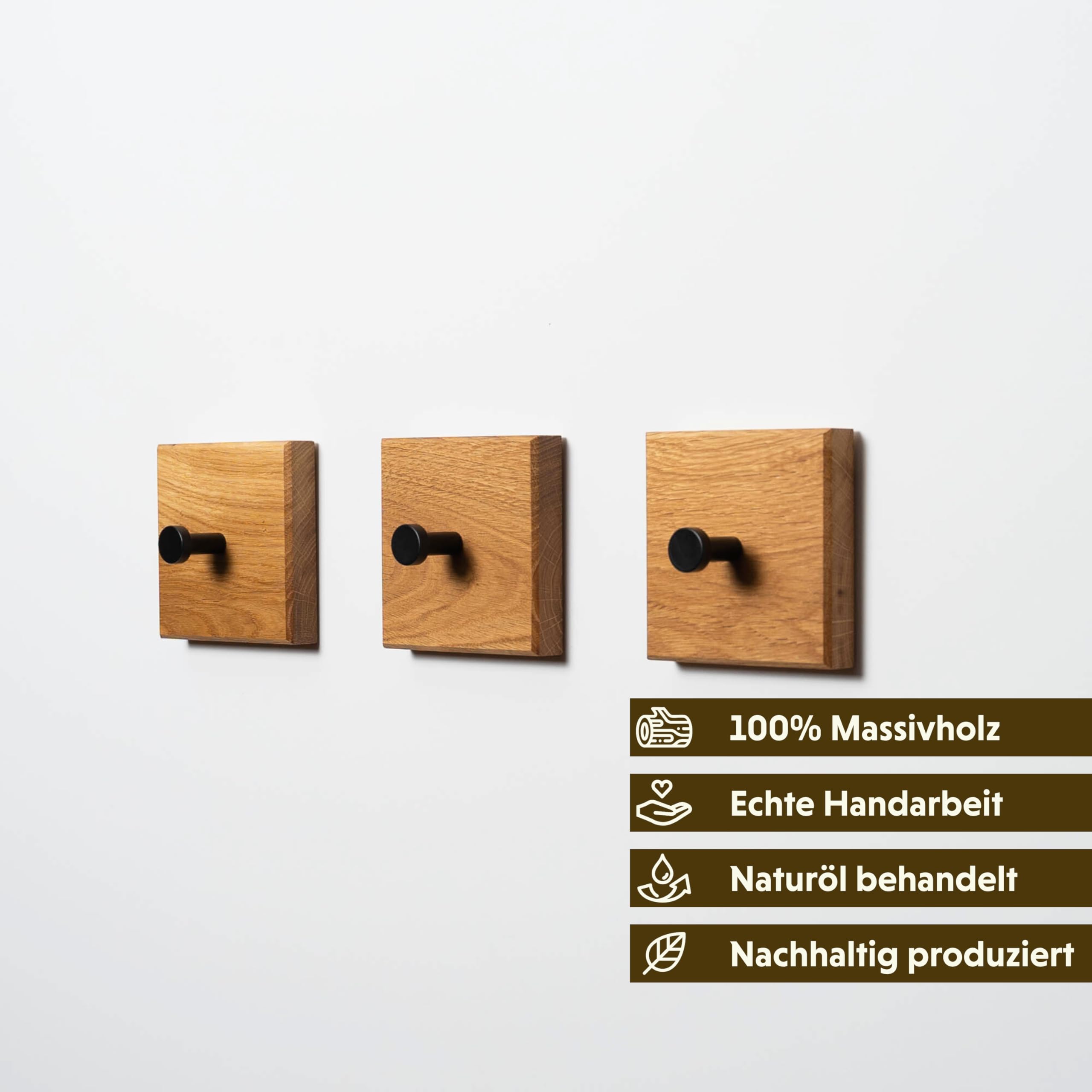 WOODS Garderobenhaken aus Holz quadratisch mit Klebepad I unsichtbare Montage ohne Bohren I einzeln oder als Garderobenleiste I Hakenleiste Handtuchhalter (Eiche, Schwarze Haken, 3 Stück)