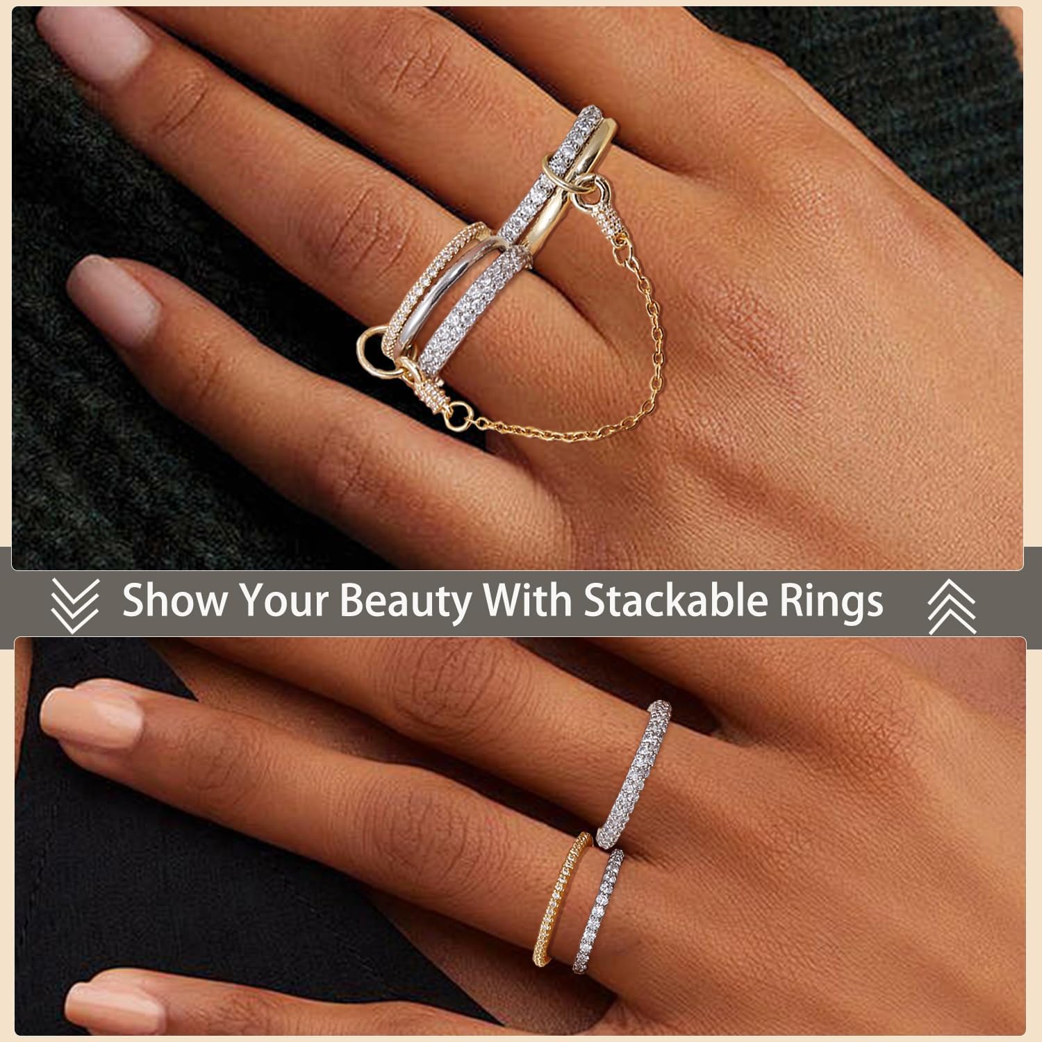 COLOYAN 18K Gold Plated Stackable Rings for Women Non Tarnish,Gold and Silver Cubic Zirconia Rings, Mixed Metals Ring Interlocked link Stacking Ring - Image 5