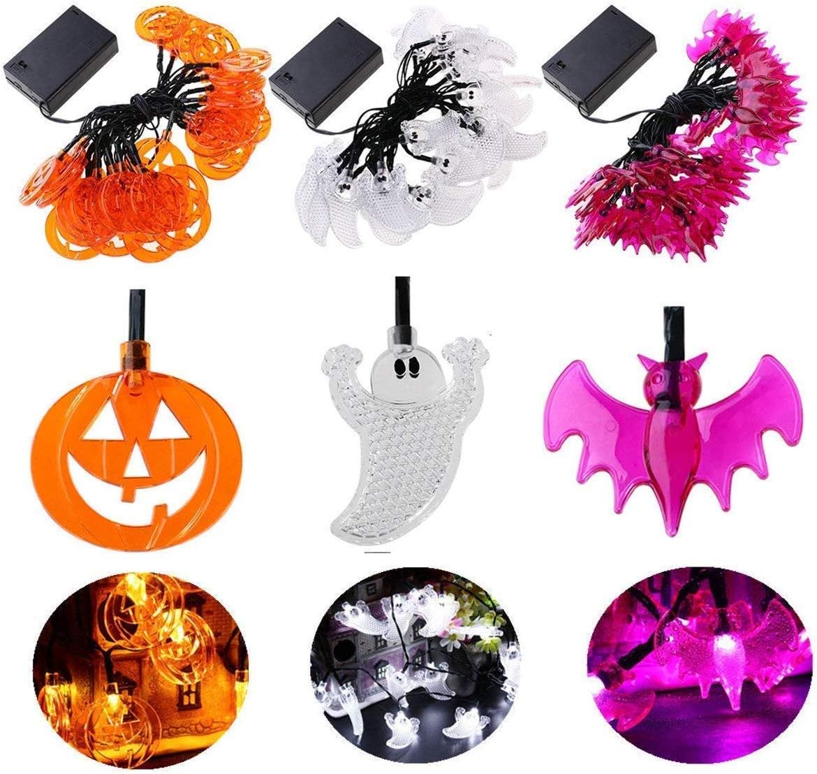 Halloween Decorations, Set of 3 Halloween String Lights, Each 20 LED Battery Powered Halloween Decorative Lights - White Ghost/Orange Pumpkin/Purple Bat