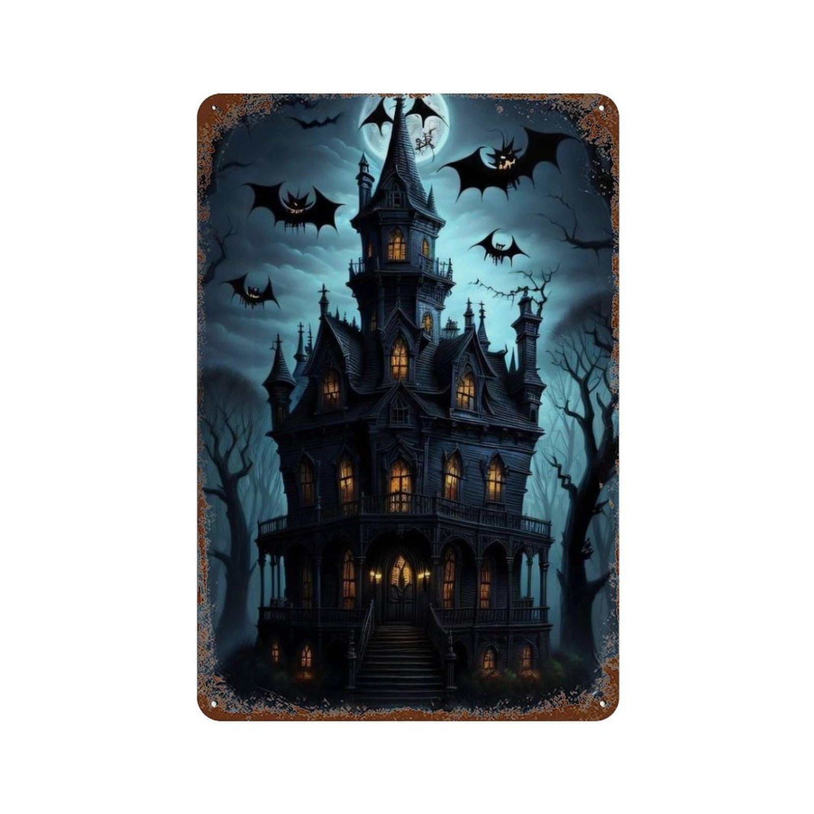 Halloween Haunted House Retro Metal Sign 11.8"x7.9", Decorative Metal Wall Art for Garage, Bar And Workshop Decor