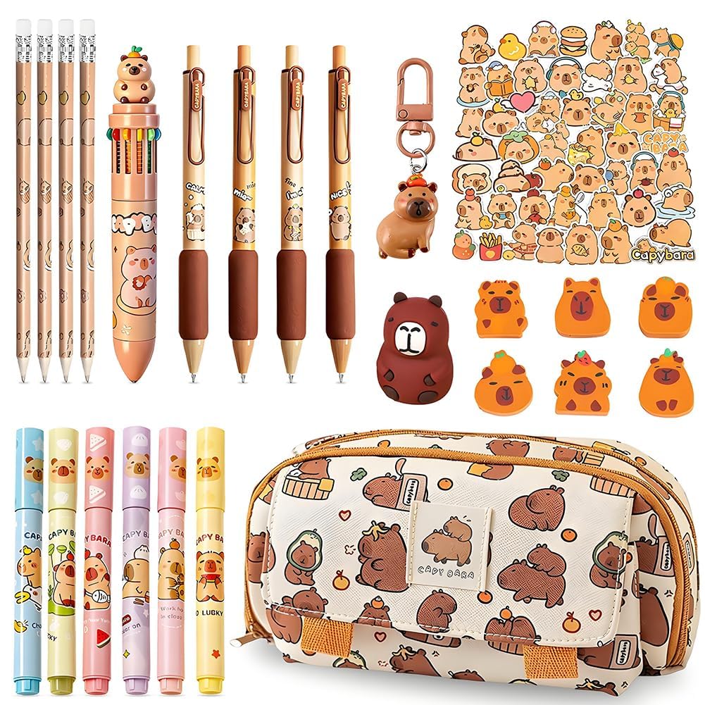 Capybara Pencil Case, 74Pcs Stationery Gift Set with Capybara Pens, Multi-Style Sliced Erasers, Stickers & Keyring, Cute Cartoon Animal Supplies for Students Office School — image 1