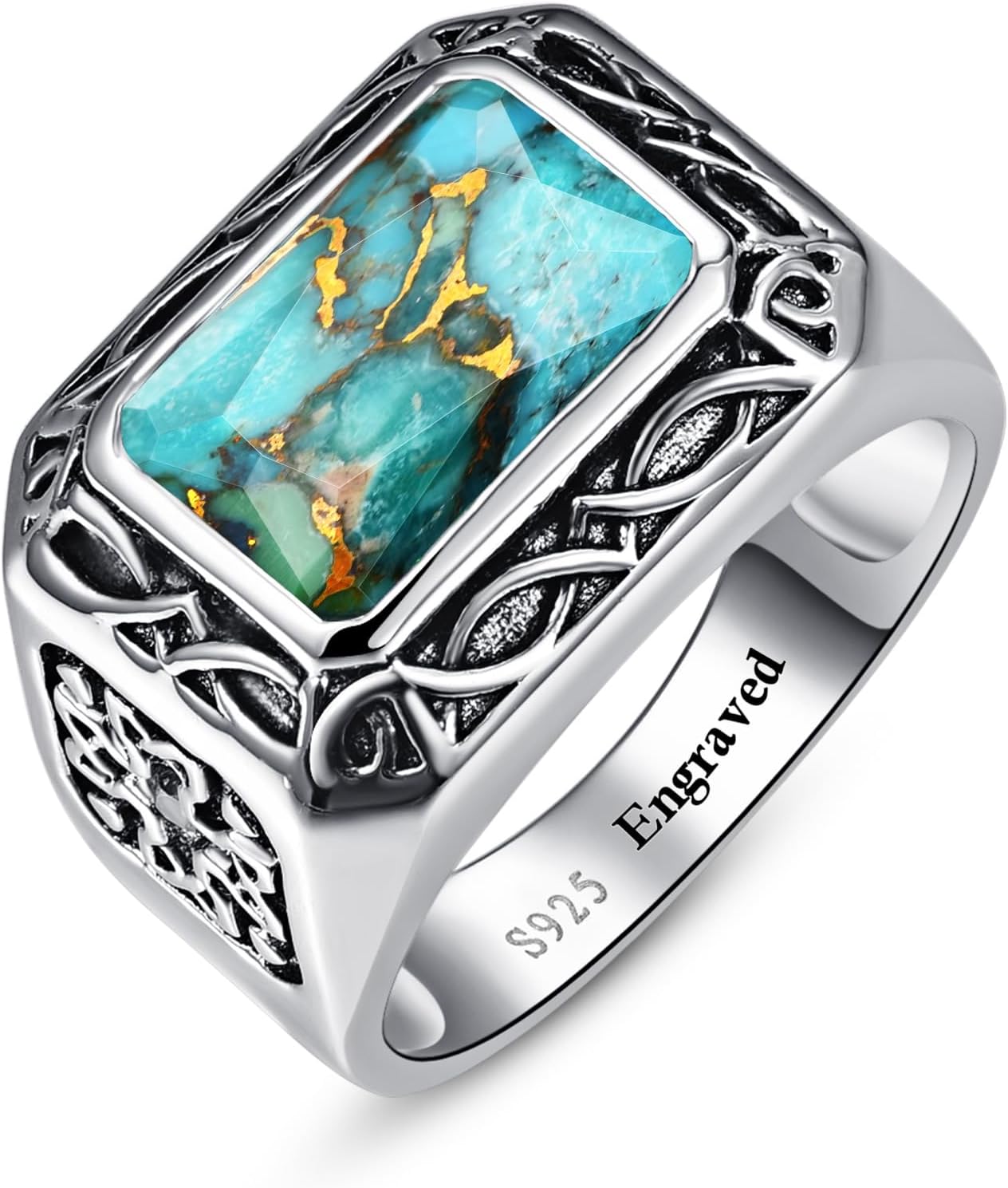 Yaresul 5CT 8X12mm Radiant Cut Teal Turquoise Ring/Created Mens Black Onyx 925 Sterling Silver Mens Ring Cocktail Rings Celtic Pattern Pinky Ring Band for Dad Father Size 7-12