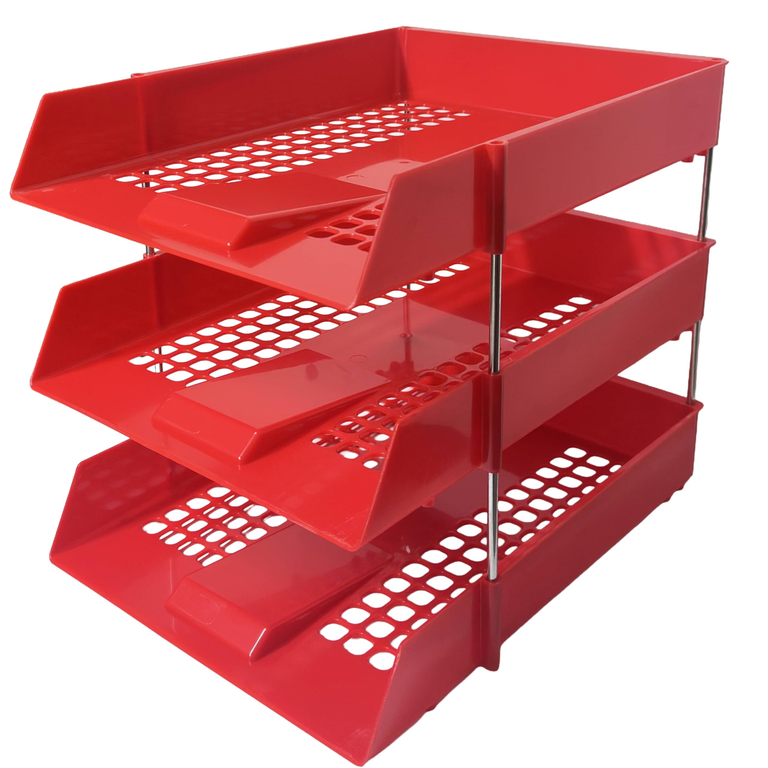 A4 Red Plastic Letter Trays with Risers – 3 trays Stackable Desk Document Organiser