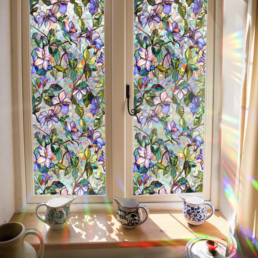 GORGECRAFT 39.4x17 Inch Rainbow Decorative Window Cling, 3D Flower Privacy Film, UV Protection, Non-Adhesive, Reusable