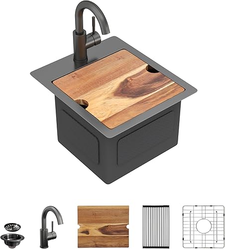 Miniatura 10 de Fulorni - Fregadero de cocina de 33 pulgadas x 22 pulgadas, estación de trabajo de repisa superior de acero inoxidable calibre 16, cuenco individual