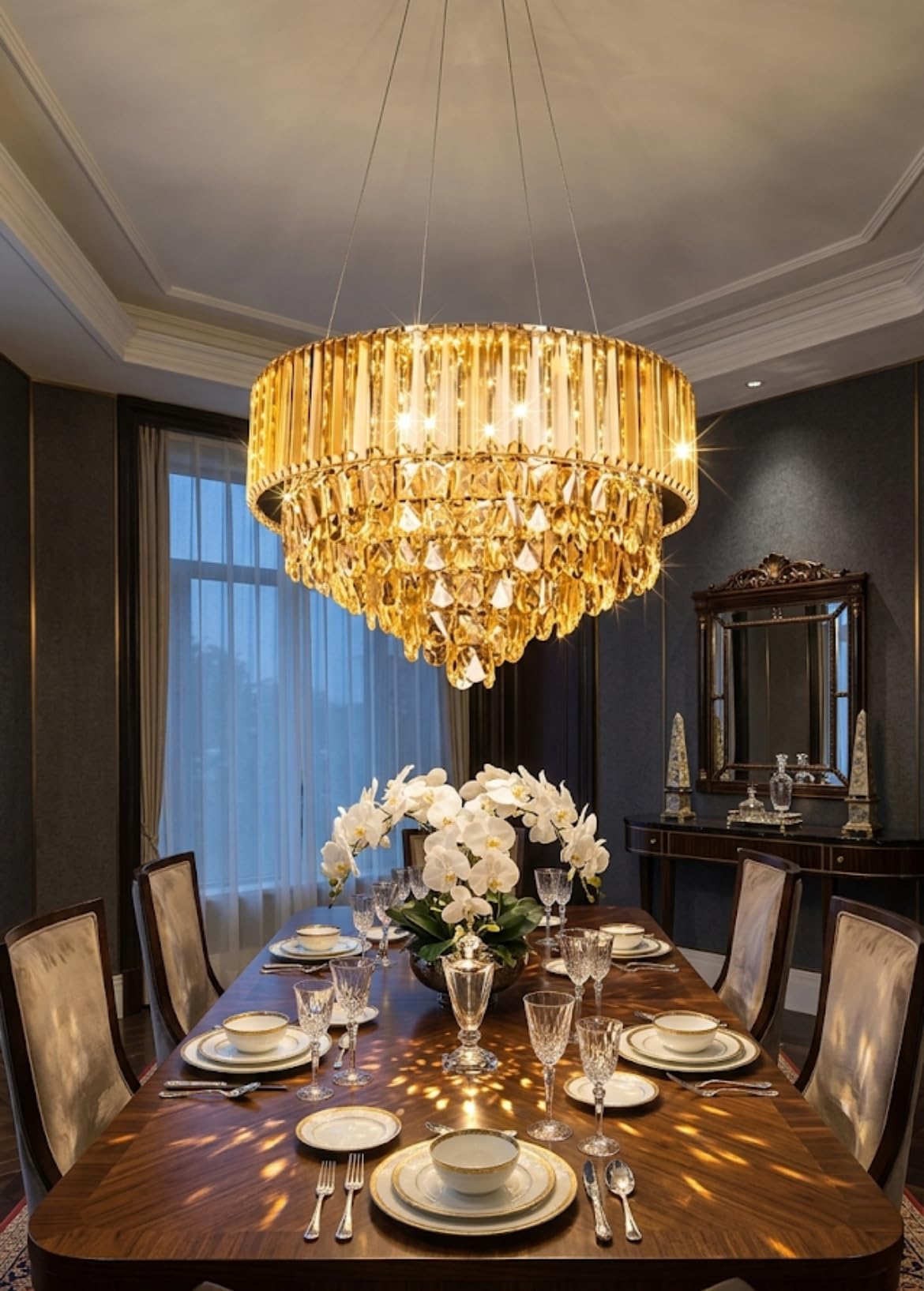 Sanleen Round Crystal Chandelier | 81 cm Wide x 76 cm Height | Gold Finish Tricolour K9 Crystal LED Hanging Ceiling Light | Luxury Pendant Chandelier for Living Room, Dining Room, Foyer & Hotel