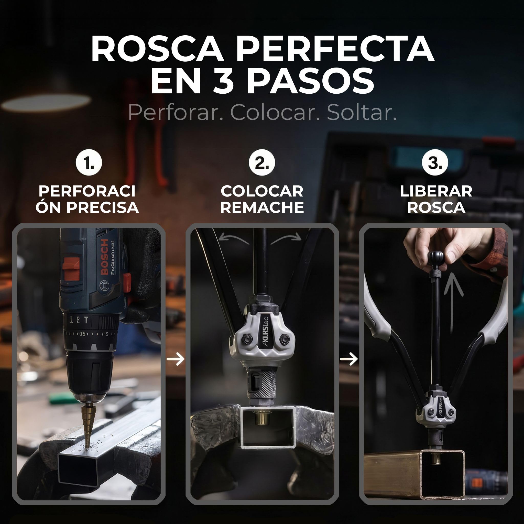 KLRStec Professional Remachadora de Tuercas Set [M3-M12] Pinza Semiautomática para Trabajo Más Rápido incl. 70 Tuercas Remachables, Broca Escalonada y Maletín - Kit Pro Insertos Roscados