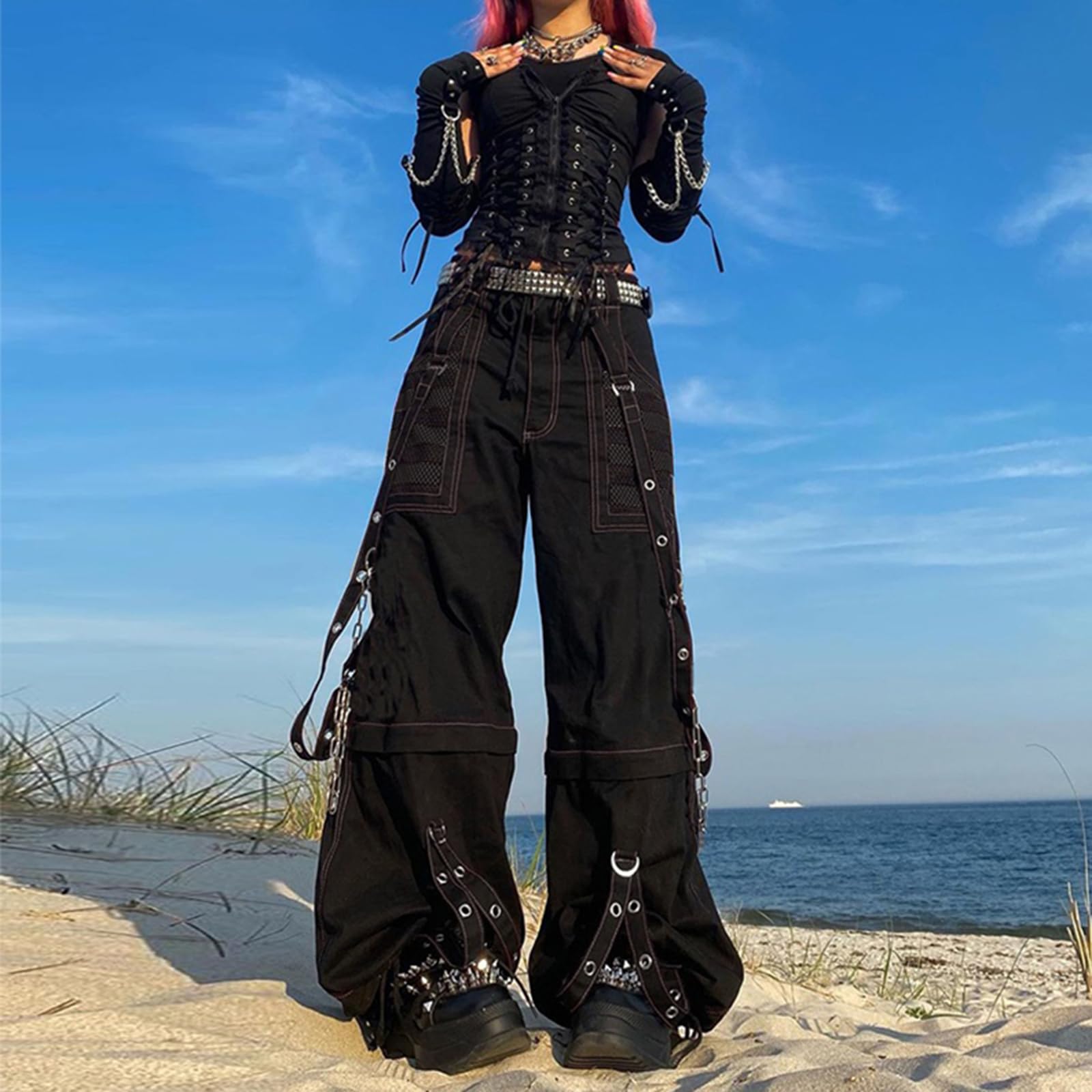 FeMereina Pantalon cargo gothique baggy pour femme - Taille haute - Pantalon cargo Y2K avec poche ample - Jambe droite et large
