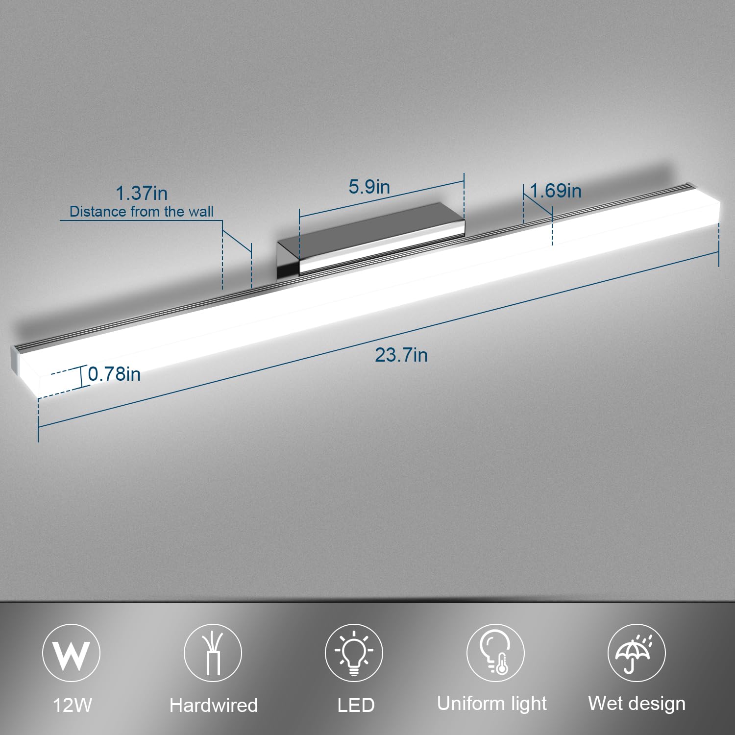 Kingwen Lampe Miroir LED Salle de Bain 60cm, 12W 6000K, IP44 Étanche Applique Murale Salle de Bain, luminaire salle de bain