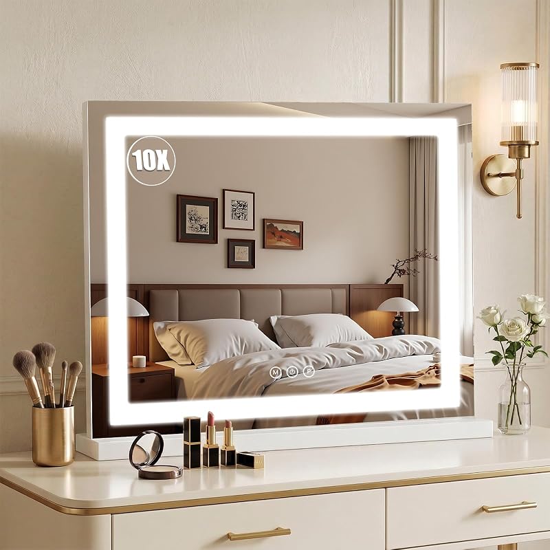 Espelho para maquiagem Bearolve com iluminação LED, 58,42 cm x 48 cm, 3 modos de luz, aumento de 10X, controle por toque, brilho ajustável e moldura de alumínio branco