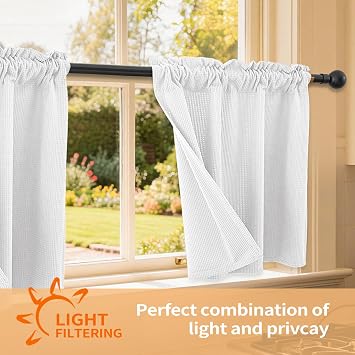 Pickluc Small Check Kitchen Curtain 30 Inches Long, Fleece Cafe Curtain for Small Window Treatment in Living Room, Basement, RVs, Cabinets, 2 Panels, W30 X L30 Inch, White