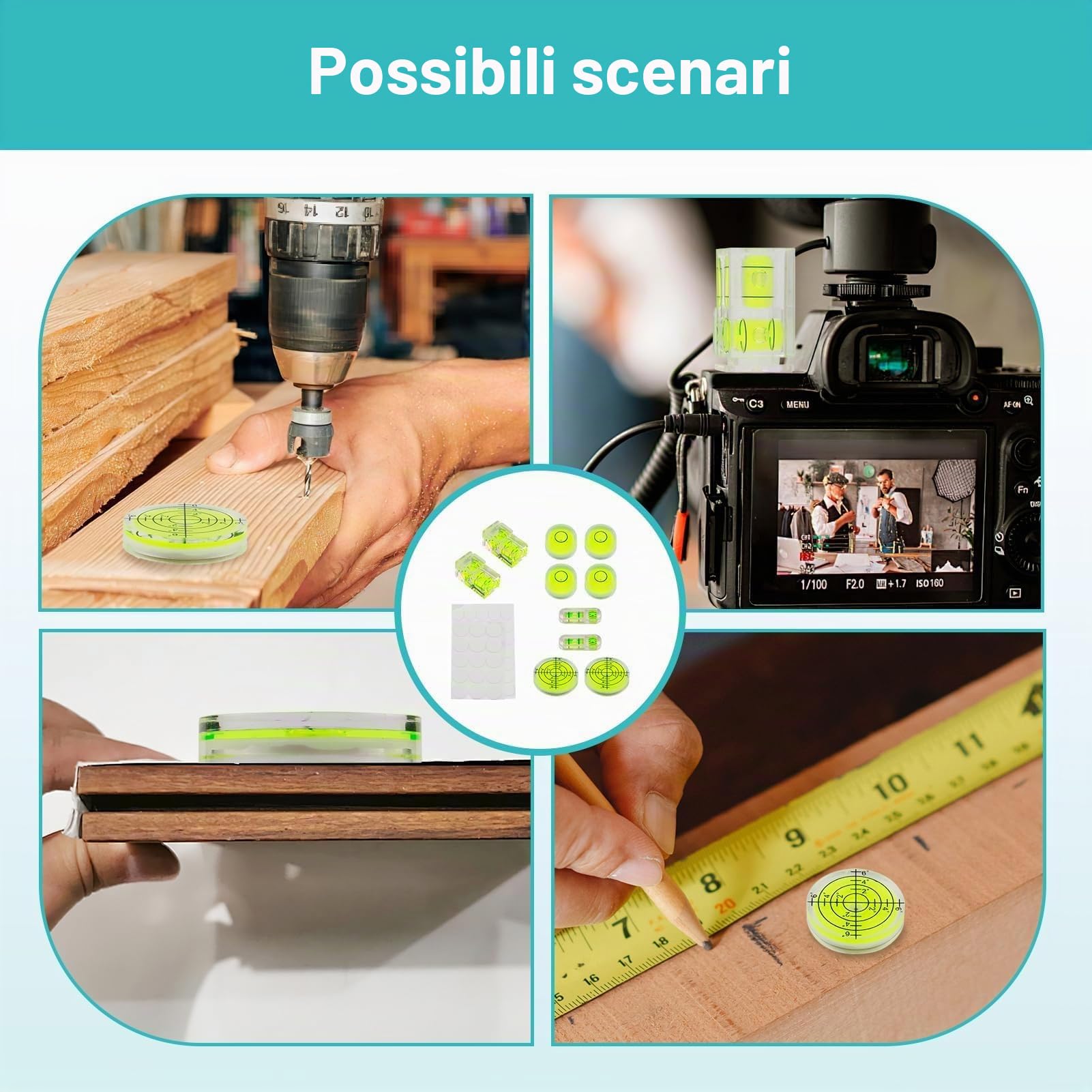 10 Mini Livella a Bolla Professionale Set Bolla Livella per Fotocamera, Mobili, Treppiedi, Campeggio con 50 Punti Adesivi Livella Bolla Compatta per Allineamento di Precisione