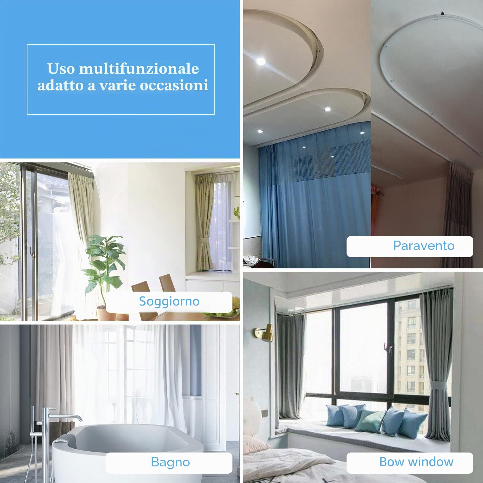 Binario per tenda da soffitto, flessibile, pieghevole, 3 metri, binario per tende curvo, sistema di montaggio a parete per divisorio, finestra a bovindo