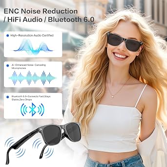 EarlySincere Men's and Women's Bluetooth Sunglasses, AI Translation, 50 Hour Battery Life, UV Protection, Voice Control, Bluetooth Glasses for Android and iOS