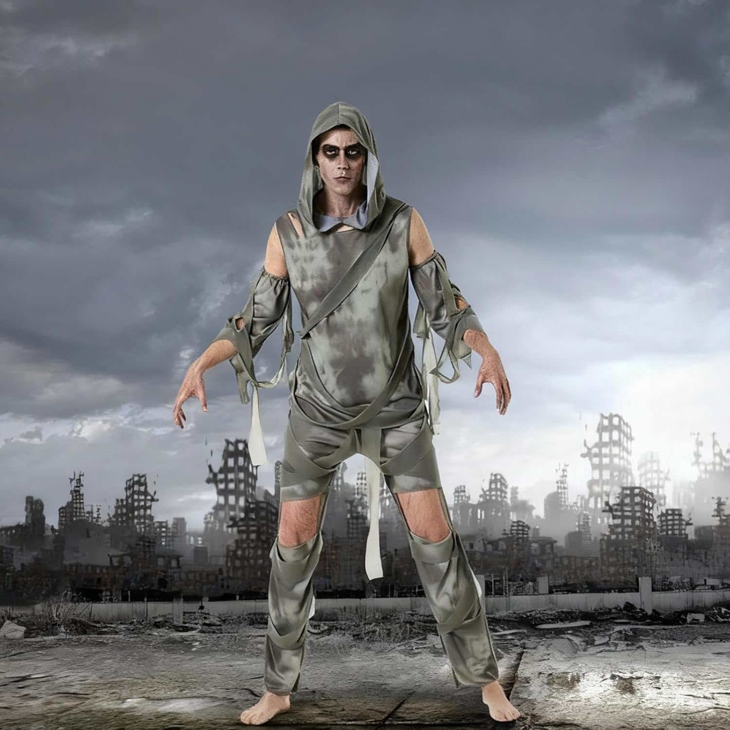 Mepase 4 Pcs Halloween Mummy Costume Zombie Costume for Men Women, Include Top Pants Sleeves Bandage Mummy Wrap Cosplay - Image 4