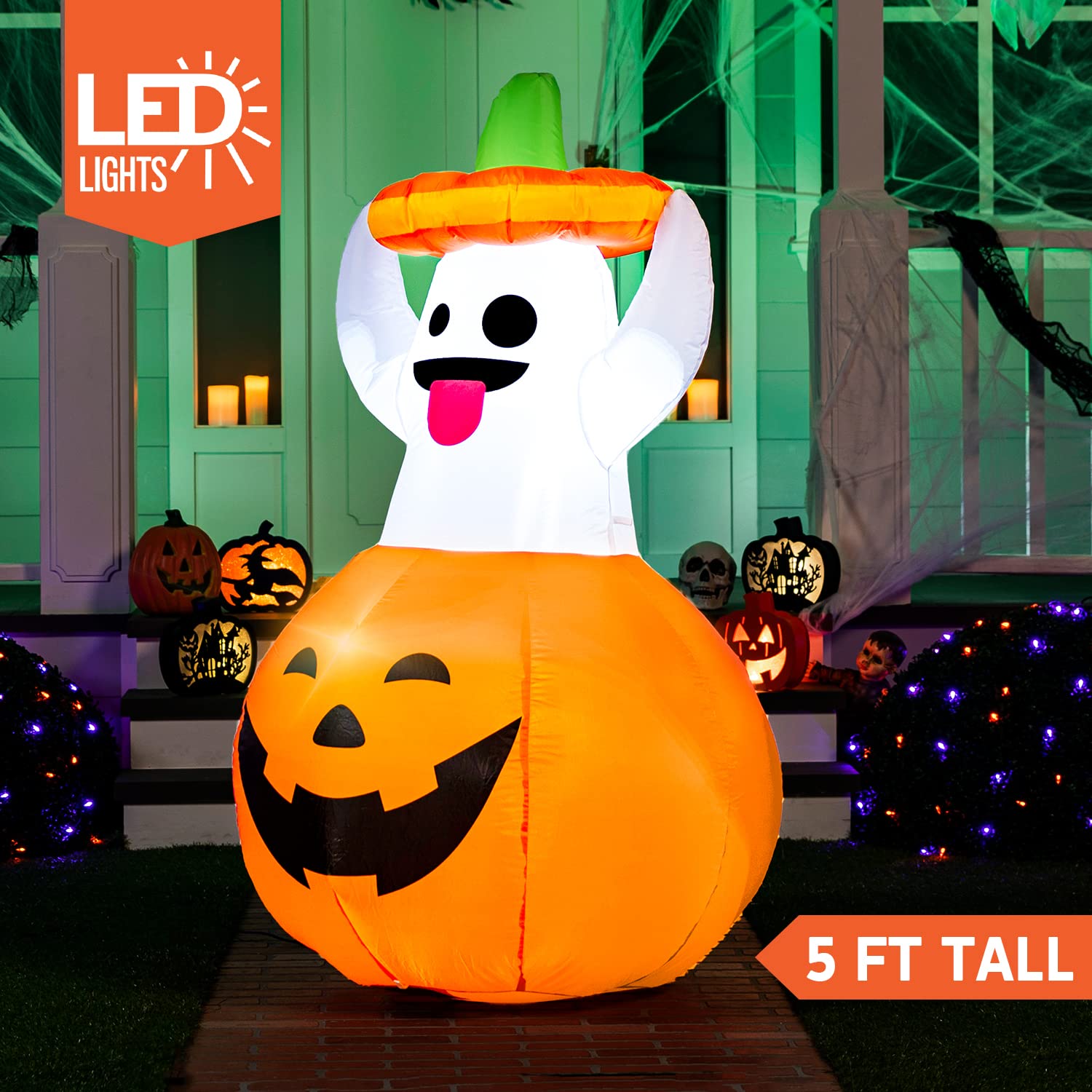 Joiedomi 1,52 m Halloweenowe nadmuchiwane dekoracje z duchem na zewnątrz, nadmuchiwane dekoracje ogrodowe w kształcie dyni, nadmuchiwany duch z diodami LED na uroczą dekorację na Halloween