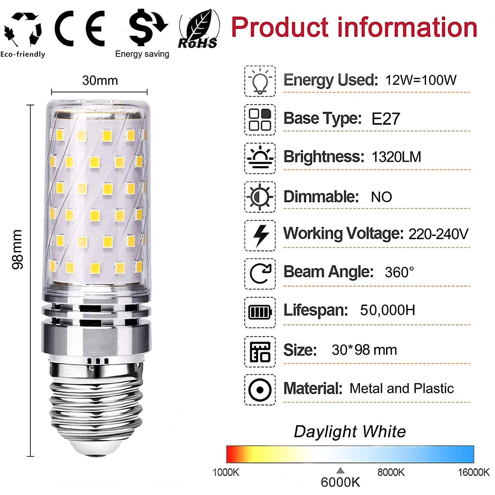 Paquete de 6 bombillas LED E27 brillantes de alto lumen,12 W,bombillas LED de maíz(equivalente a bombillas incandescentes de 100 W),1320 lm,bombillas LED de candelabro de bajo consumo,no regulables(bl