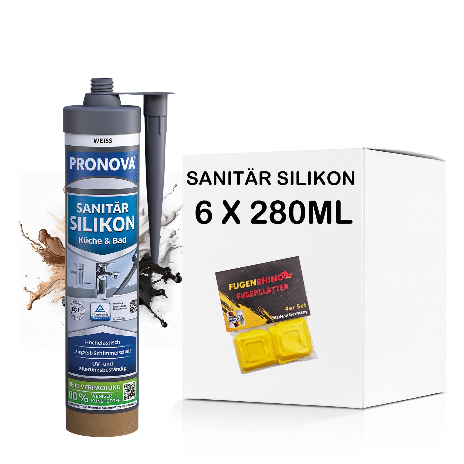 Pronova Premium Sanitär Silikon Weiß Dusche Bad & Küche Dichtmasse für innen & außen Sicher gegen Schimmel umweltfreundliche Kartusche 280ml 6 Stück