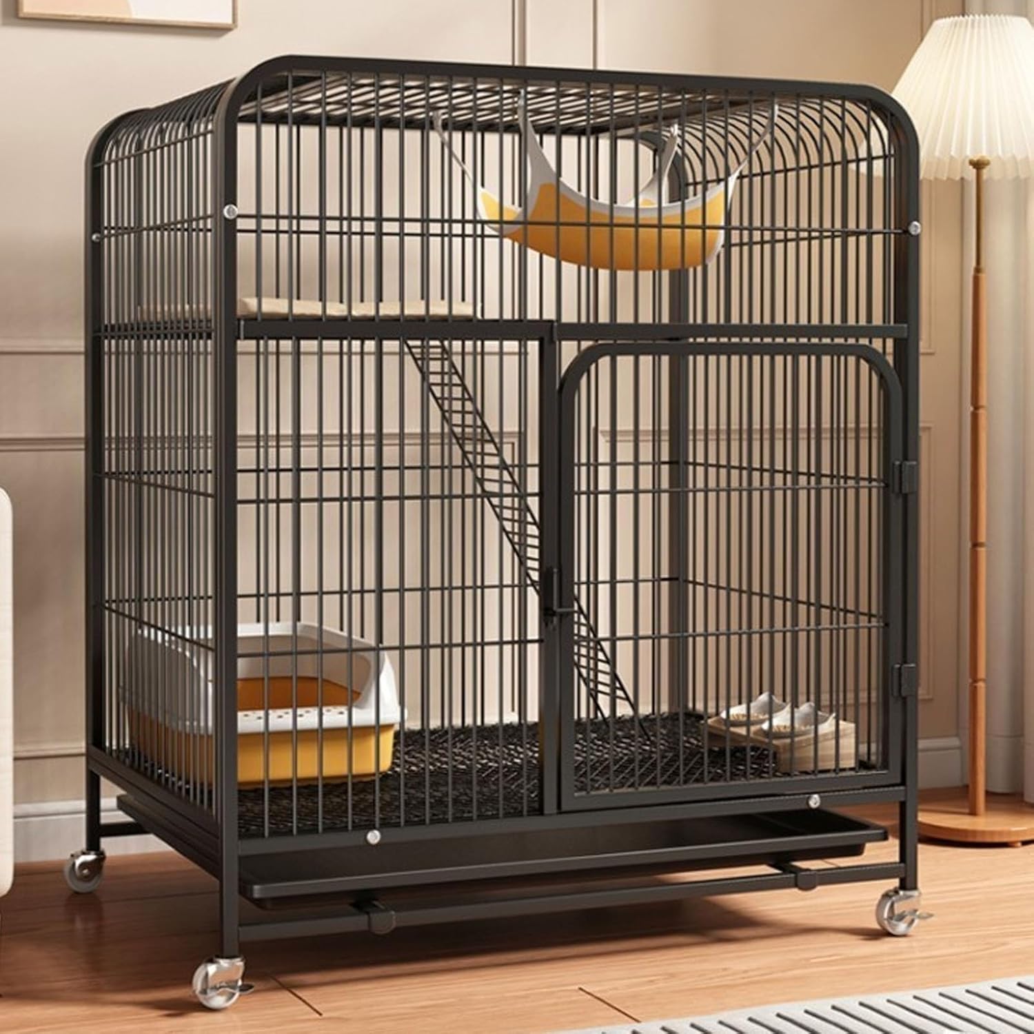 Cat Cage, Indoor Large Tier with Wheels and Tray, HD Clear Fence and Sturdy Metal Grid, Mobile Cats Playpen, Free Space Cats House for Cottage(Black)