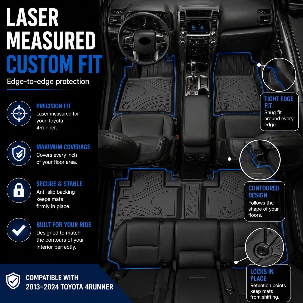 Black Horse Totaliner Heavy Duty Floor Liner Compatible with 2013-2023 Toyota 4Runner (5-Seats), Precisely Molded Anti-Skid All-Weather Floor Liner Set, Black-FMT4R13
