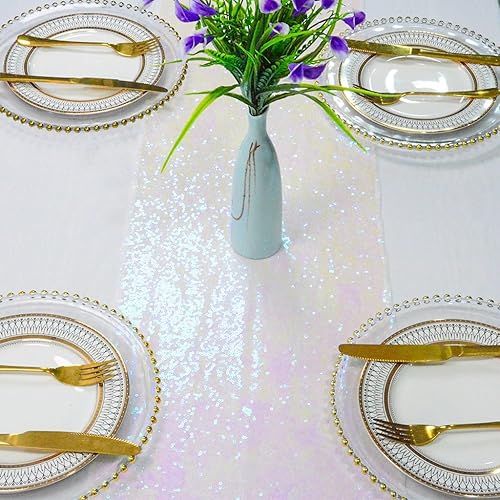 Miniatura 3 de Partisout Camino de mesa iridiscente de 72 pulgadas de largo, color blanco iridiscente para mesas rectangulares, caminos de mesa de primavera,