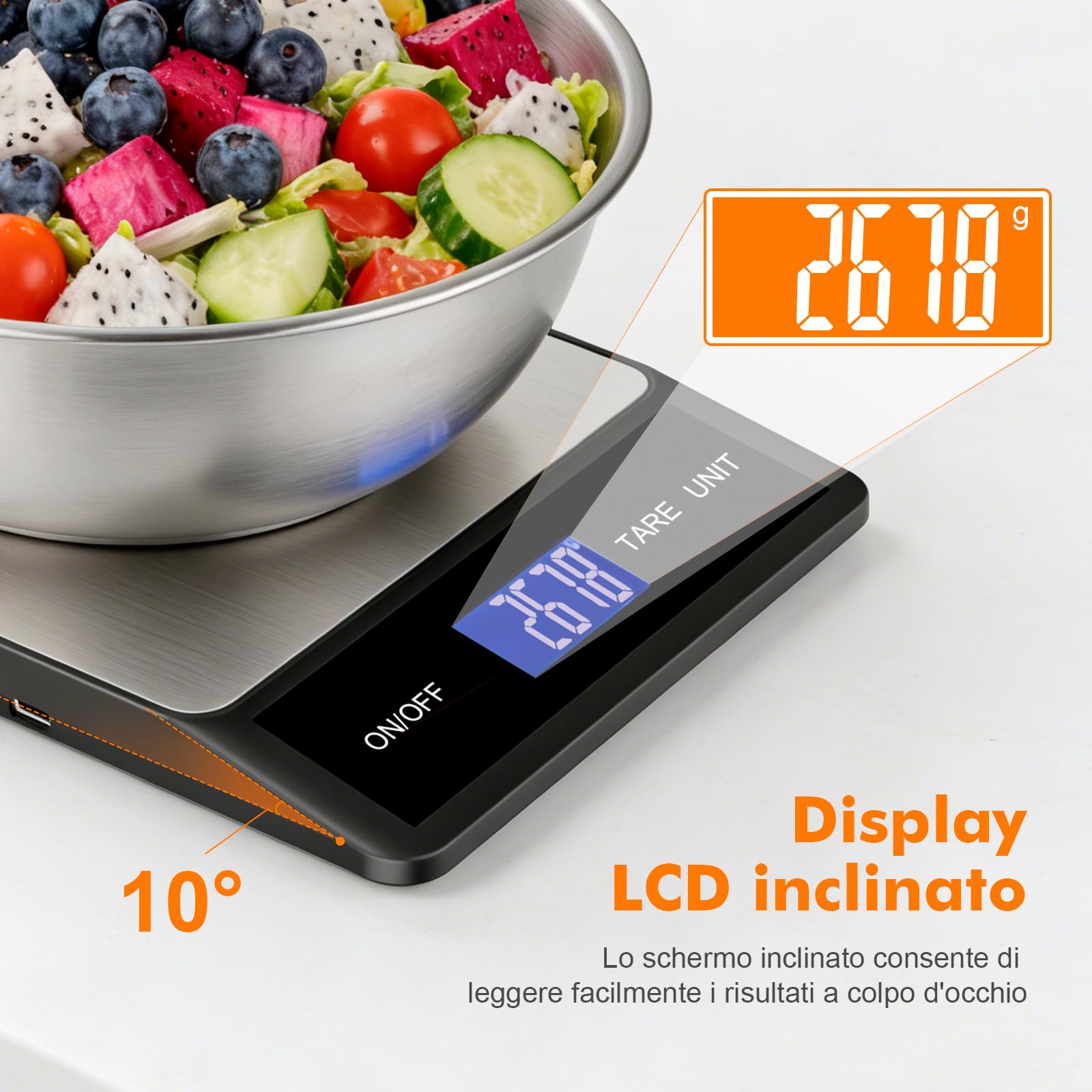 GRIFEMA GA2008-1, Bilancia da cucina ricaricabile, Bilancia multifunzione per alimenti in acciaio inossidabile, 5 kg/11 lb