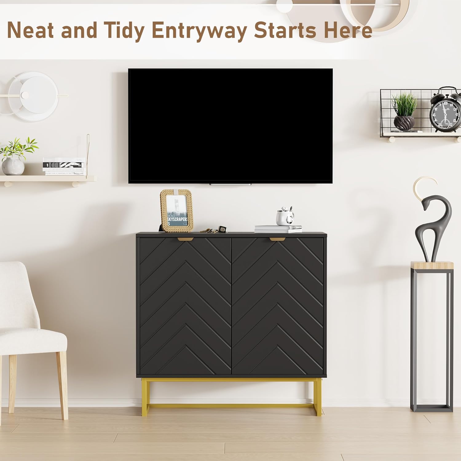 Garvee 31.5 in Modern Sideboard Buffet Cabinet with Storage, Wood Accent Storage Cabinet with Herringbone Doors & Shelf, Credenza Console Table for Dining Room Living Room Entryway, Black