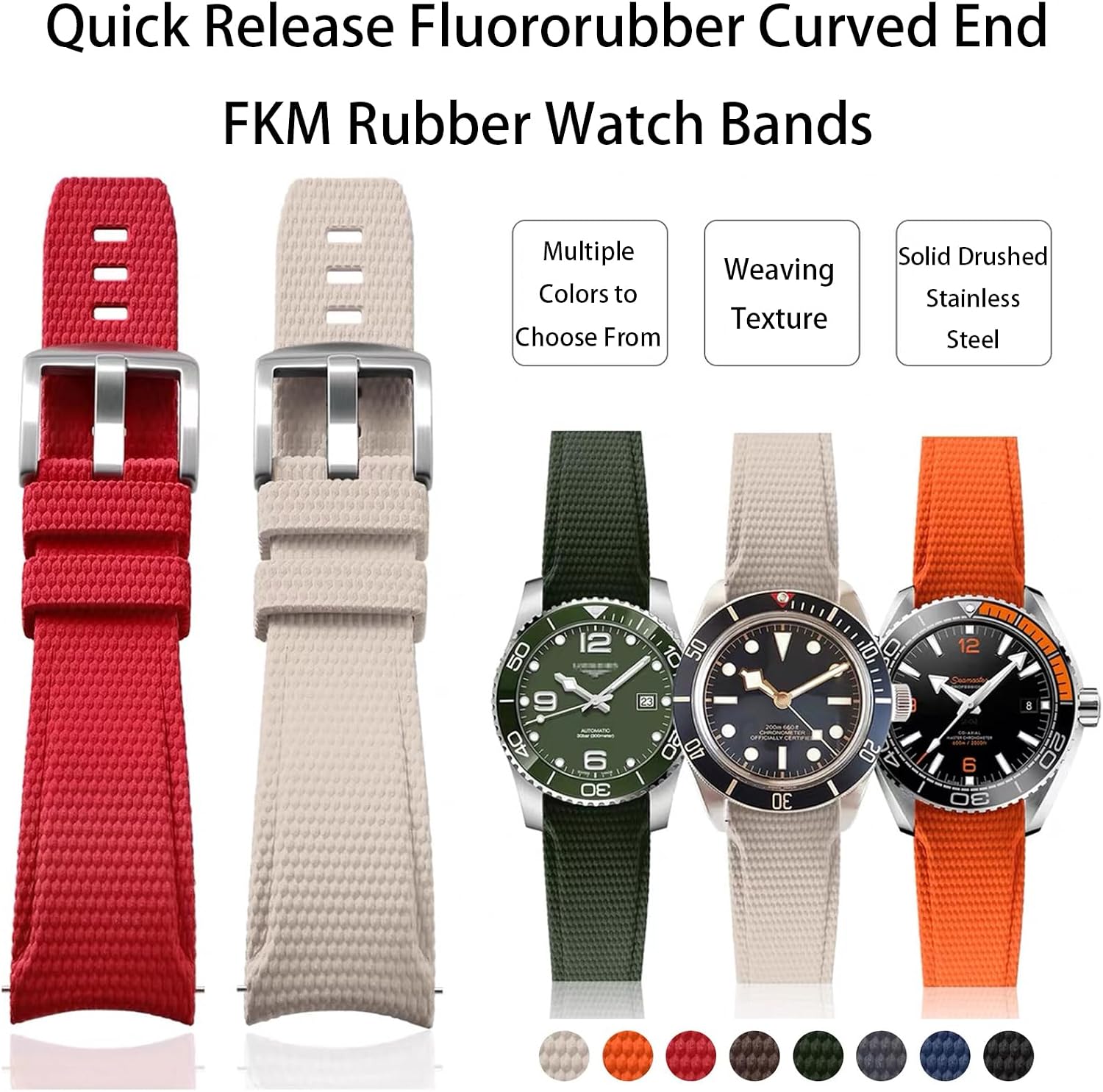 FKM Rubber Watch Strap Curved End Fluororubber 20mm 21mm 22mm Quick Release Soft Durable Waterproof Sport FKM Rubber Watch Band Universal Replacement Band Strap for Men Women