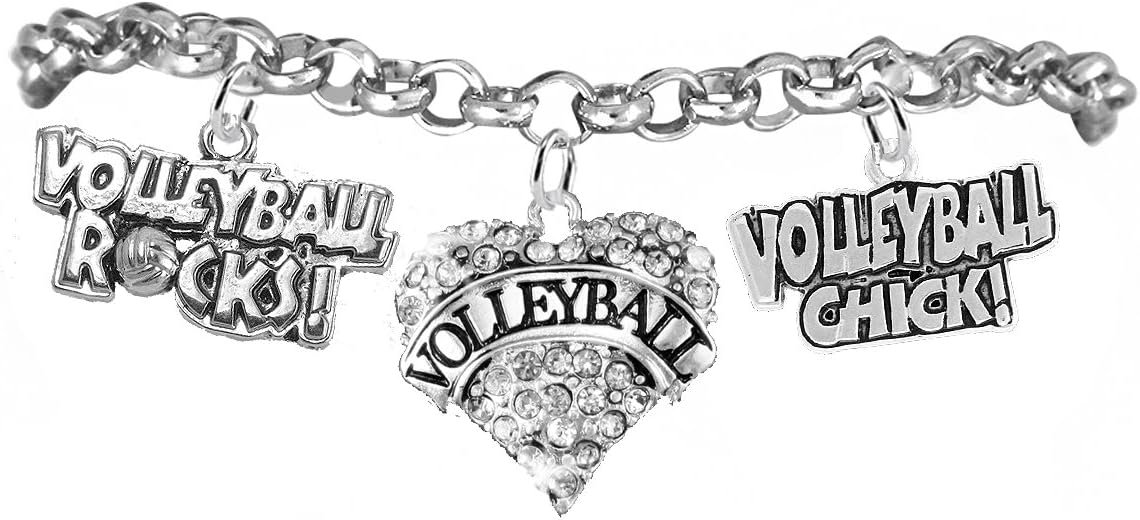 Cardinali Jewelry Volleyball Crystal Heart, Volleyball Rocks, and Volleyball Chick, Adjustable Bracelet, Safe-Hypoallergenic, Nickel, Lead & Cadmium Free.