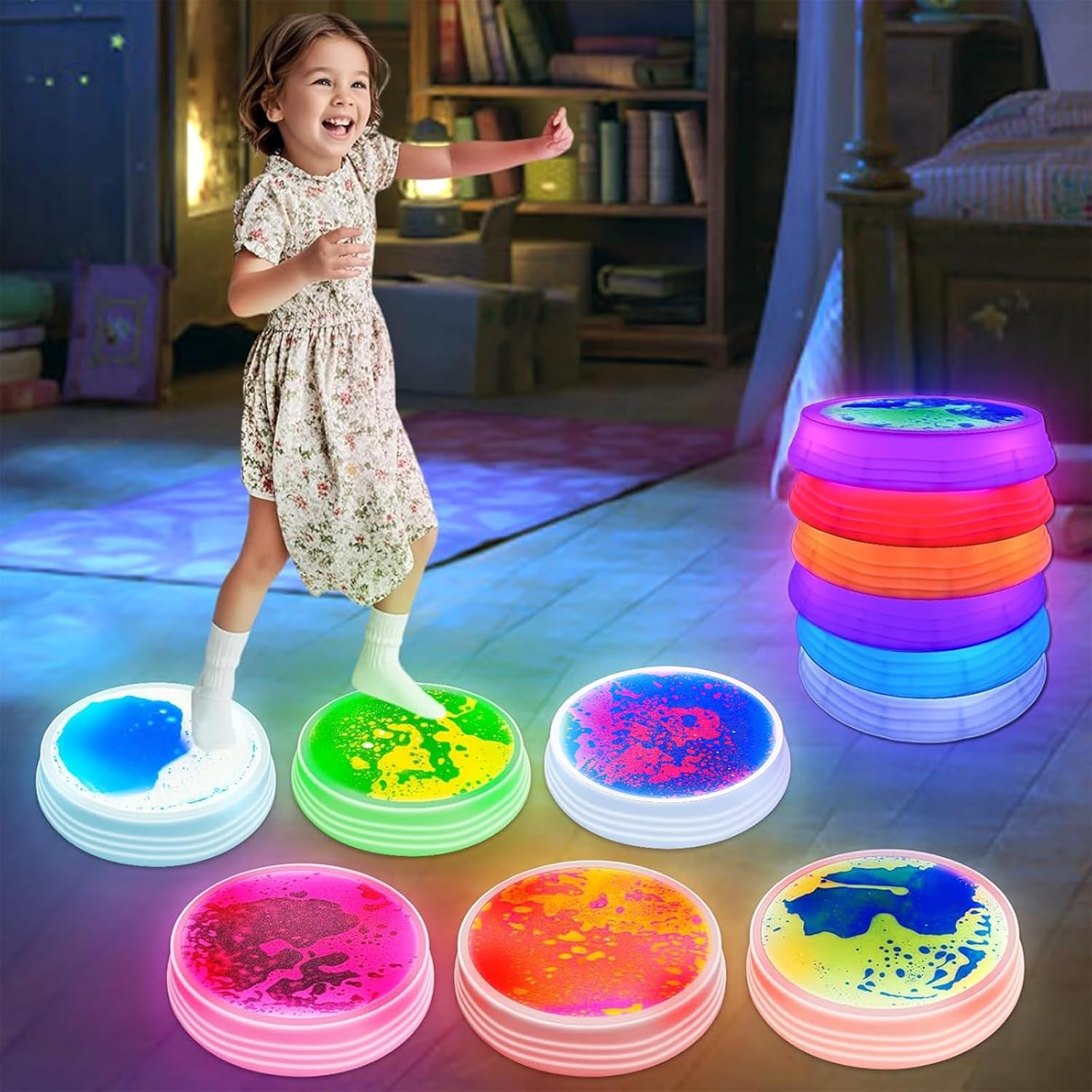 Stepping Stones for Kids - 6pcs Light Up Liquid Stepping Stones with 7 Color LED, Non-Slip Sensory Balance Toys for Toddlers Ages 3-5, Indoor Outdoor Fitness Toys for Birthday