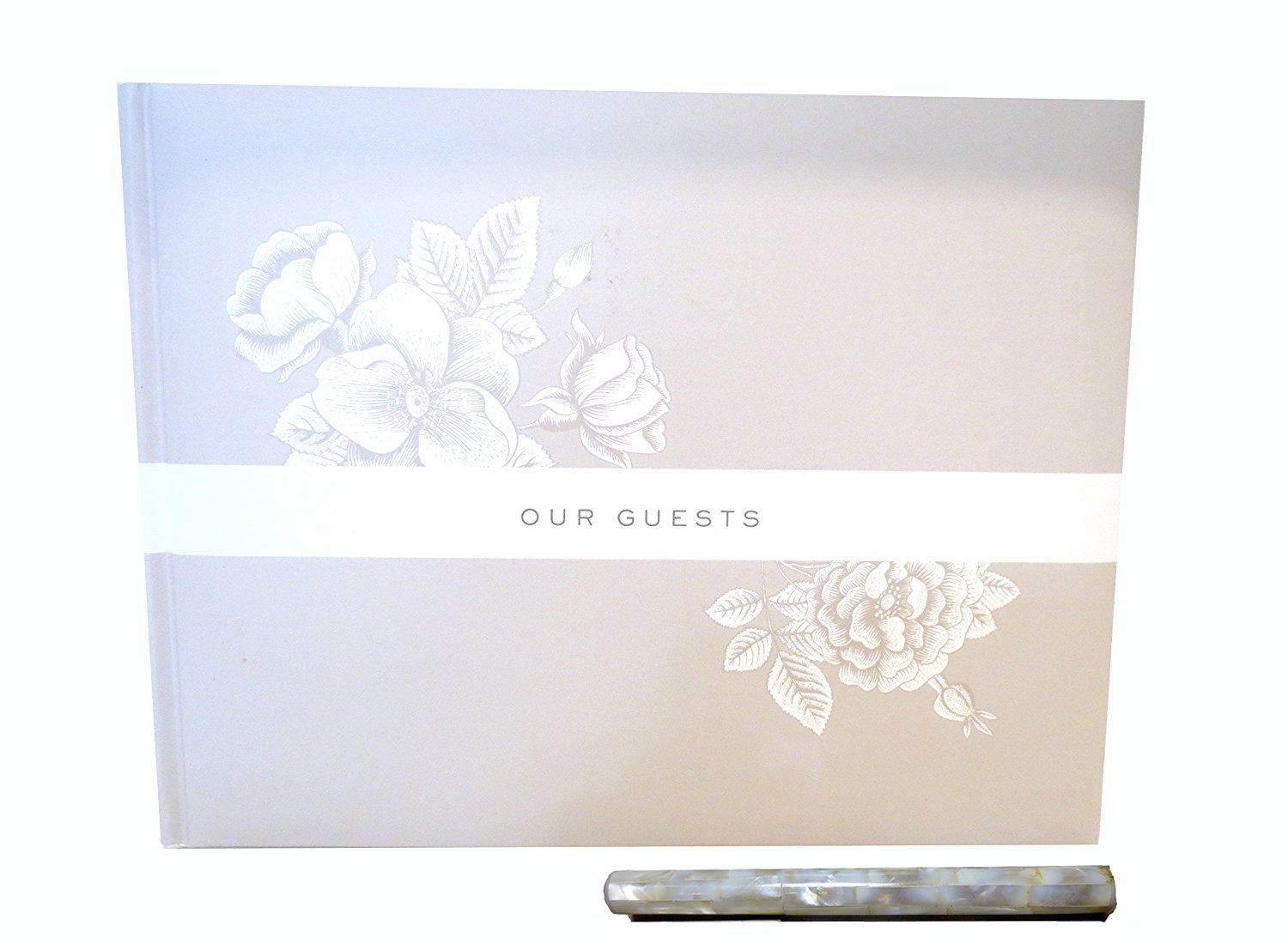 Wedding Guest Book, White stripe floral by Pierre Belvedere With decorative Marble Pen