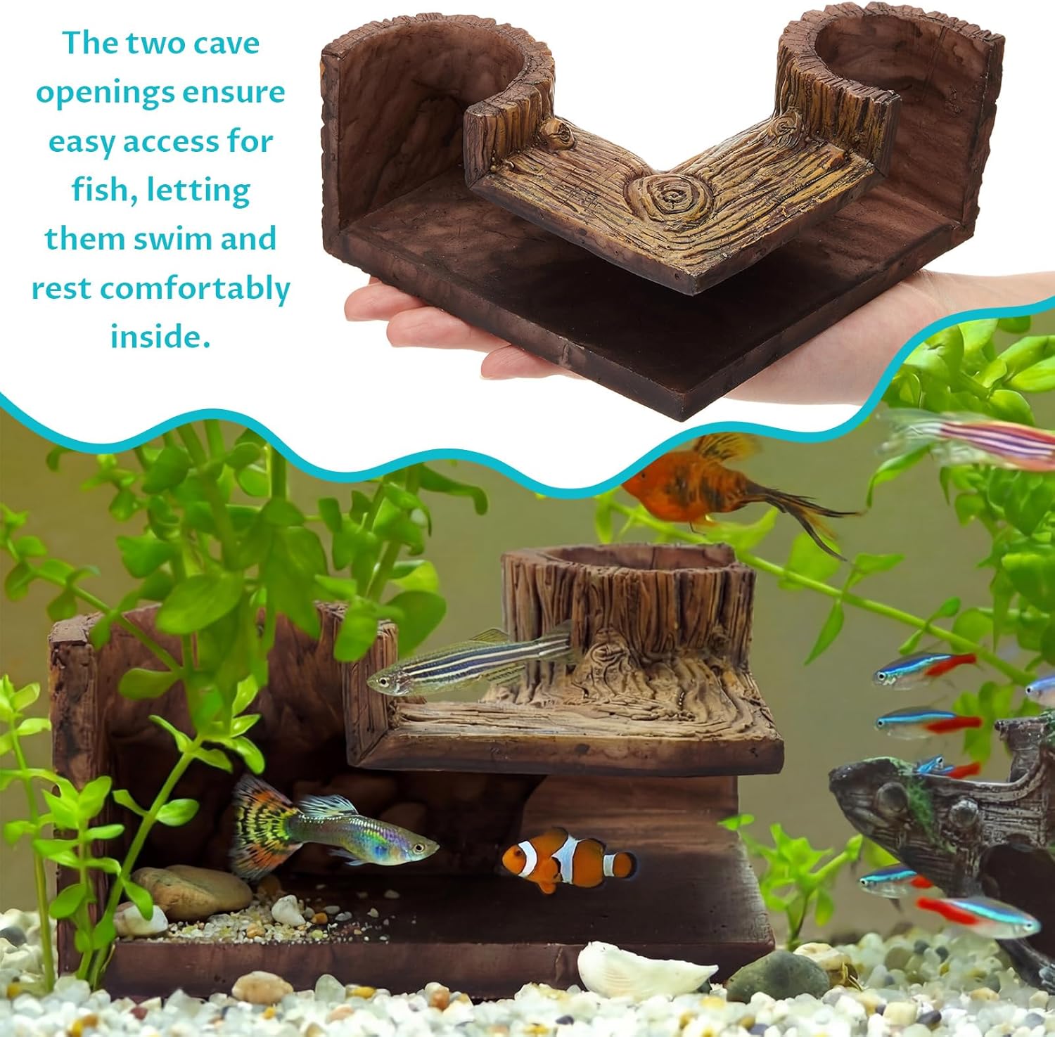 2 Pcs Aquarium Underground Tunnel Cave Wood Like, 5.1 x 2 x 2.7 Inch Fish Hideout for Aquarium, Decoration for Guppy, Corydoras Catfish, Loaches, Corydora Catfish Bettas Pleco and Shrimps