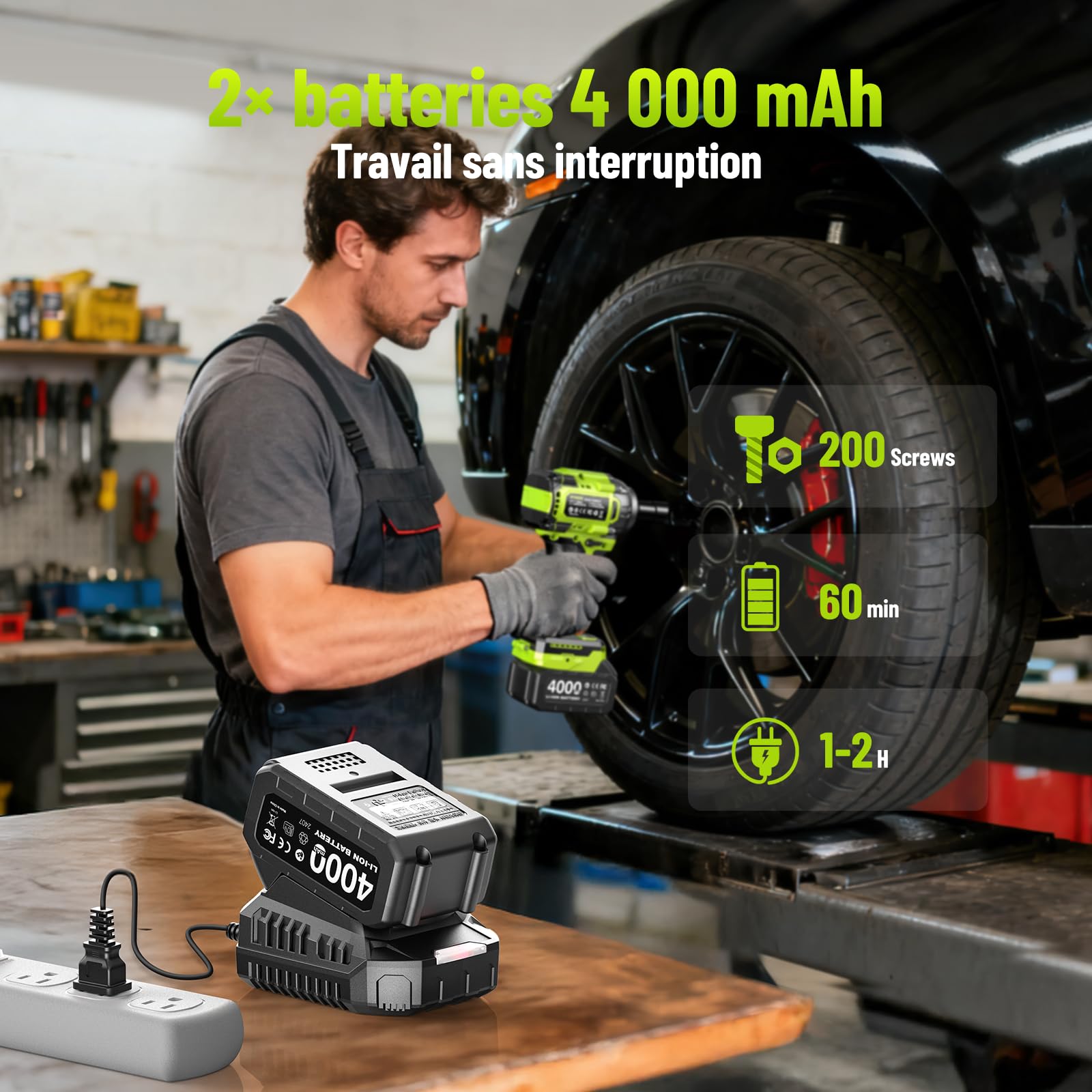 Robustrue 800 N·m clé à choc sans fil 1/2", moteur sans balais à couple élevé, vitesse jusqu’à 2800 tr/min, 2 batteries 4,0Ah avec chargeur, 4 douilles, idéale pour voiture et usage domestique