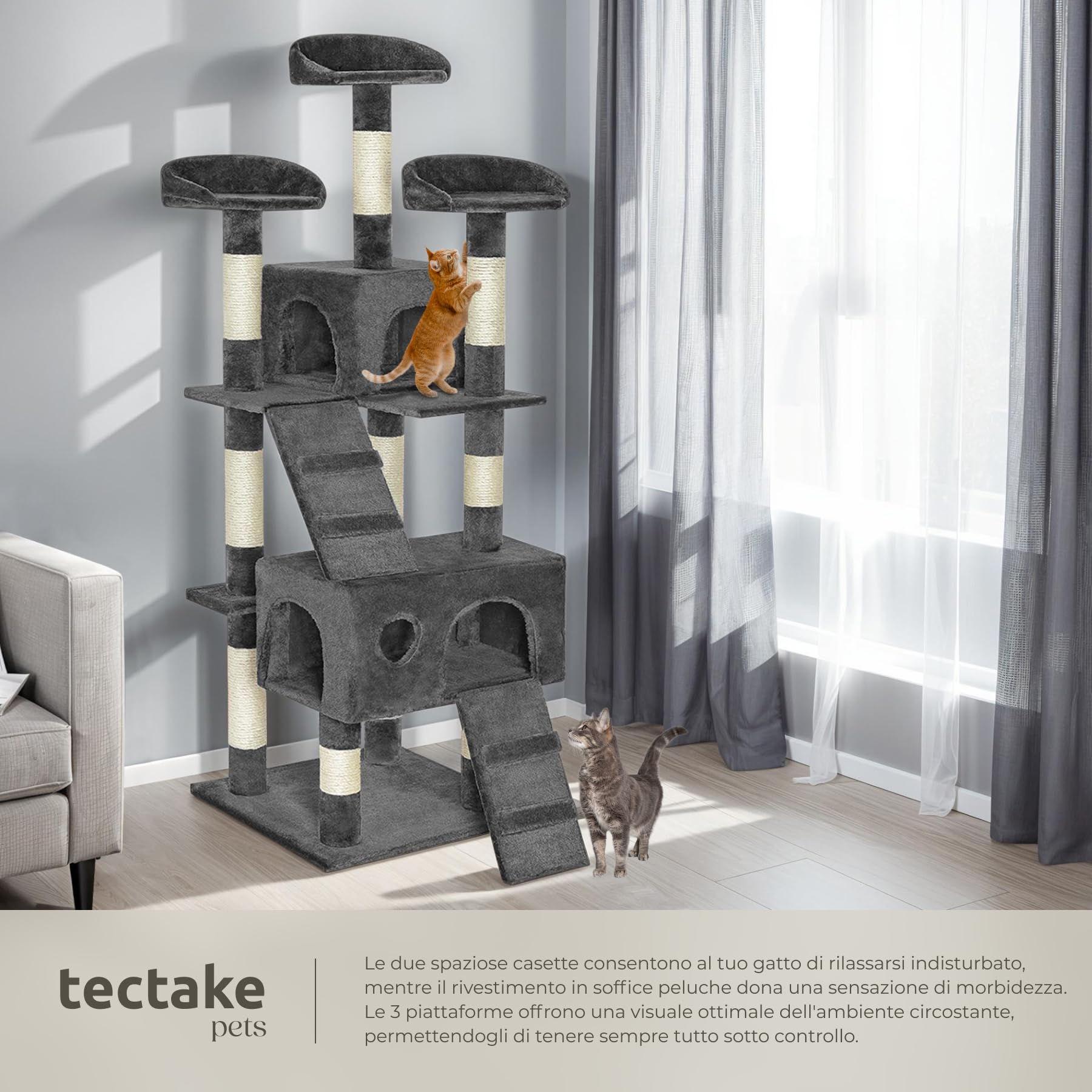 tectake® Tiragraffi per Gatti con Casette, Tiragraffi Gatto con Piattaforme e Colonna Grattatoio, Albero per Gatti Altezza 170 cm, Torre Gatti per Interni, Casa per Gatti - Grigio