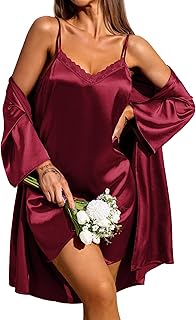 Ekouaer Women's Satin Robes for Bridesmaids 2 Pack Silk Nightgown and Dressing Gown Lace Cami Sleepwear with Robe S-XXL