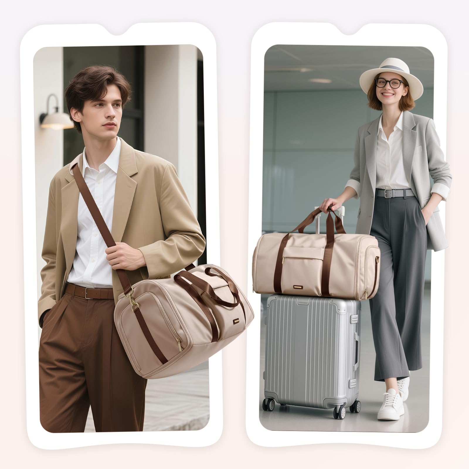 Sac à Costumes 2 en 1, Sac de Voyage Pliable Cabine 48L Imperméable, Taille Idéale pour Avion, Multifonctionnel avec Rangement Sec/Humide pour Hommes et Femmes, pour Affaires et Loisirs,Amande