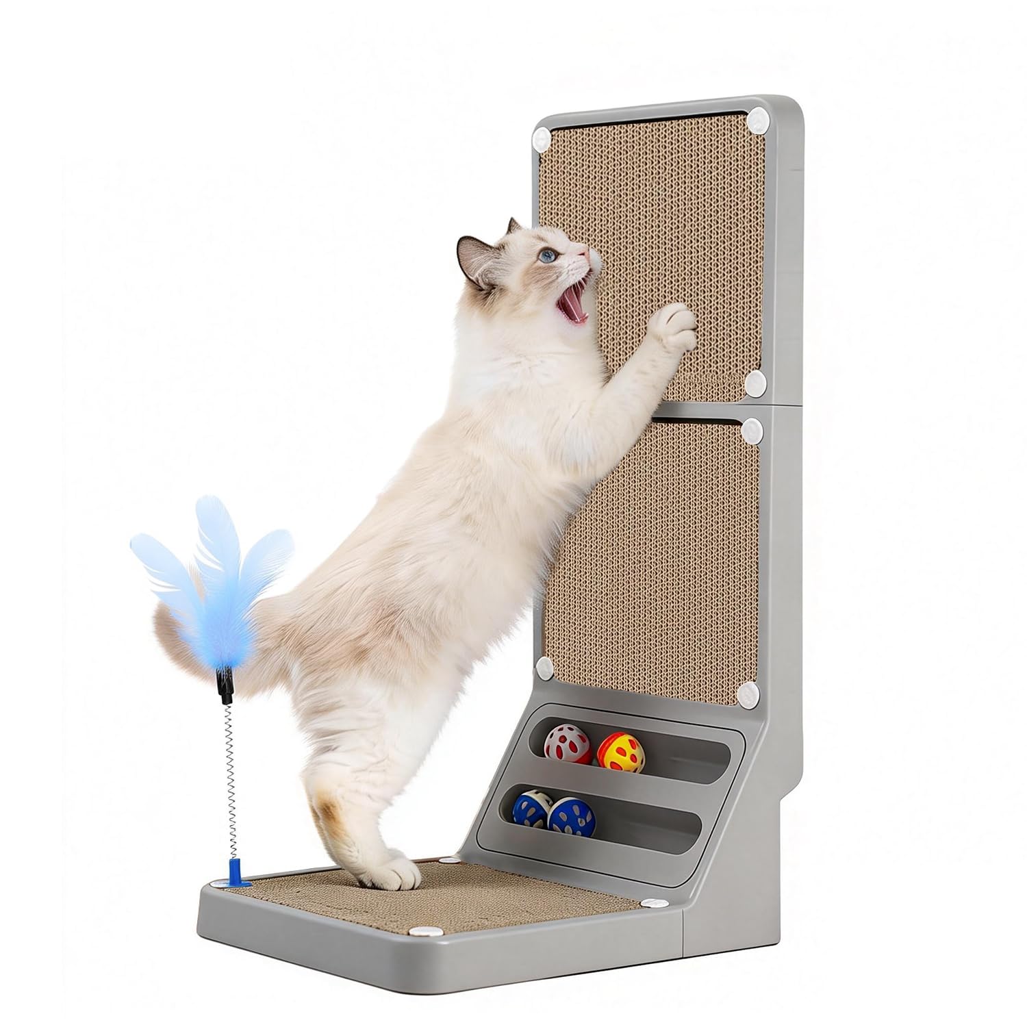 Griffoir pour chat en L double usage avec noyau remplaçable et jouet suspendu