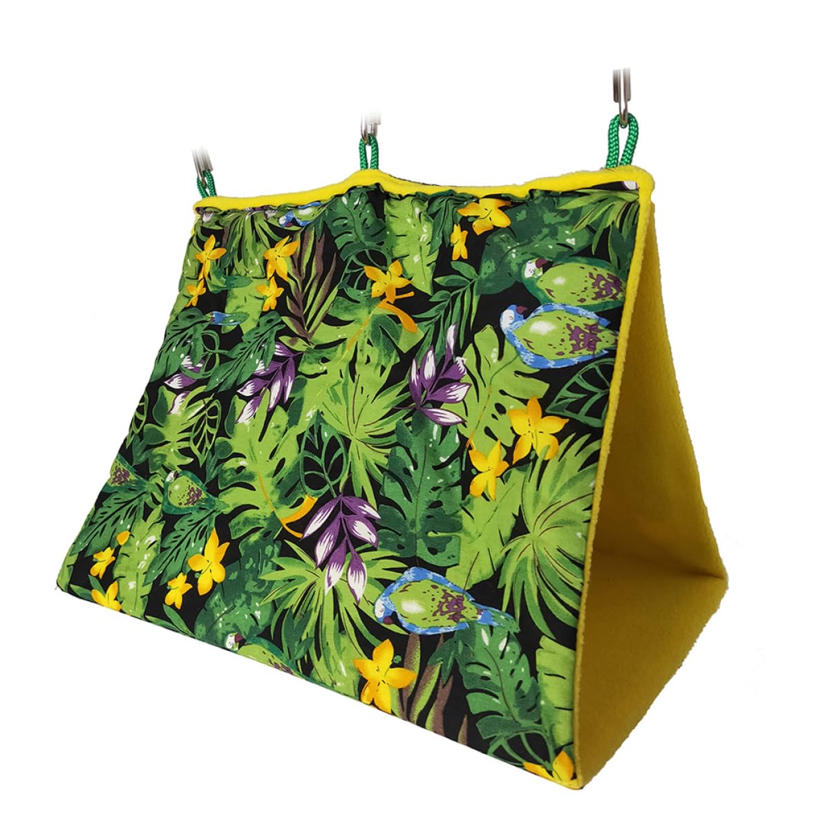 Happyyami Hamac Suspendu Nid Oiseau Vert en Tissu pour Perroquet Motif Forêt Tropicale Lit Confortable et Sécurisé pour Canaris et Alouettes, pour Porte ou Chevet