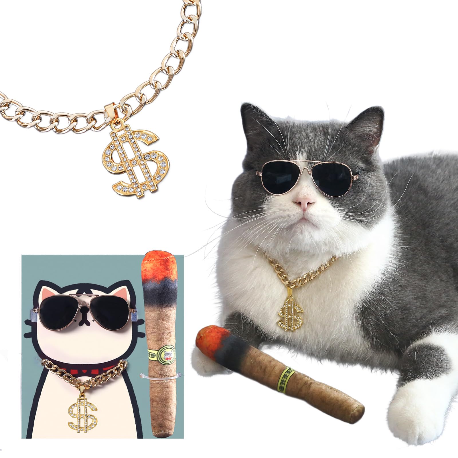 Fashion Cat Sunglasses and Gold Chain Toys Set, Cuban Link Necklace with Dollar Sign Charm, Puppy Costume Outfits Accessories for Small Middle Fat