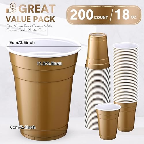 Miniatura 2 de Dandat Paquete de 200 vasos dorados de plástico para fiestas navideñas a granel de 18 onzas, desechables, resistentes, para vacaciones, Navidad, Año