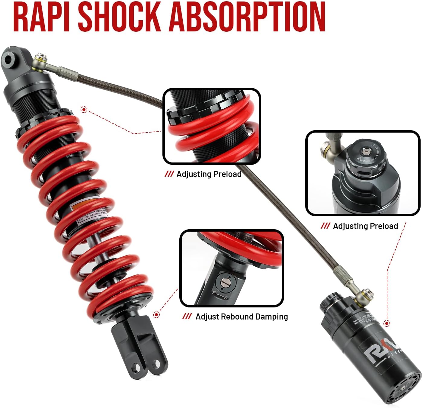 Adjustable 395mm Rear Air Shock Absorber, CNC Machining Process, Fit for Honda Sportrax TRX400EX 1999-2008, TRX450ER 2006-2014, TRX450R 2006-2012 ATV (Red)