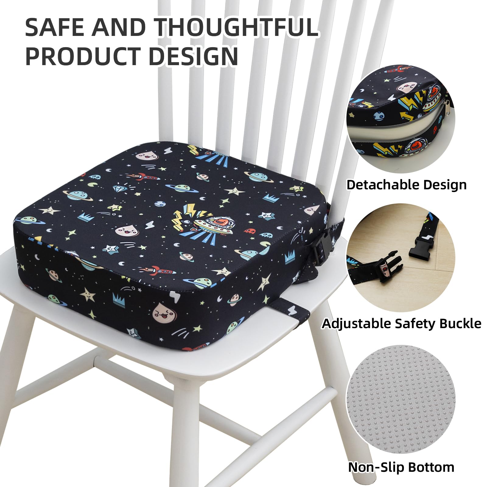 Siège rehausseur portable pour table de salle à manger, siège rehausseur portable pour enfants avec boucles de sécurité, coussin rehausseur portable avec fond antidérapant – Noir